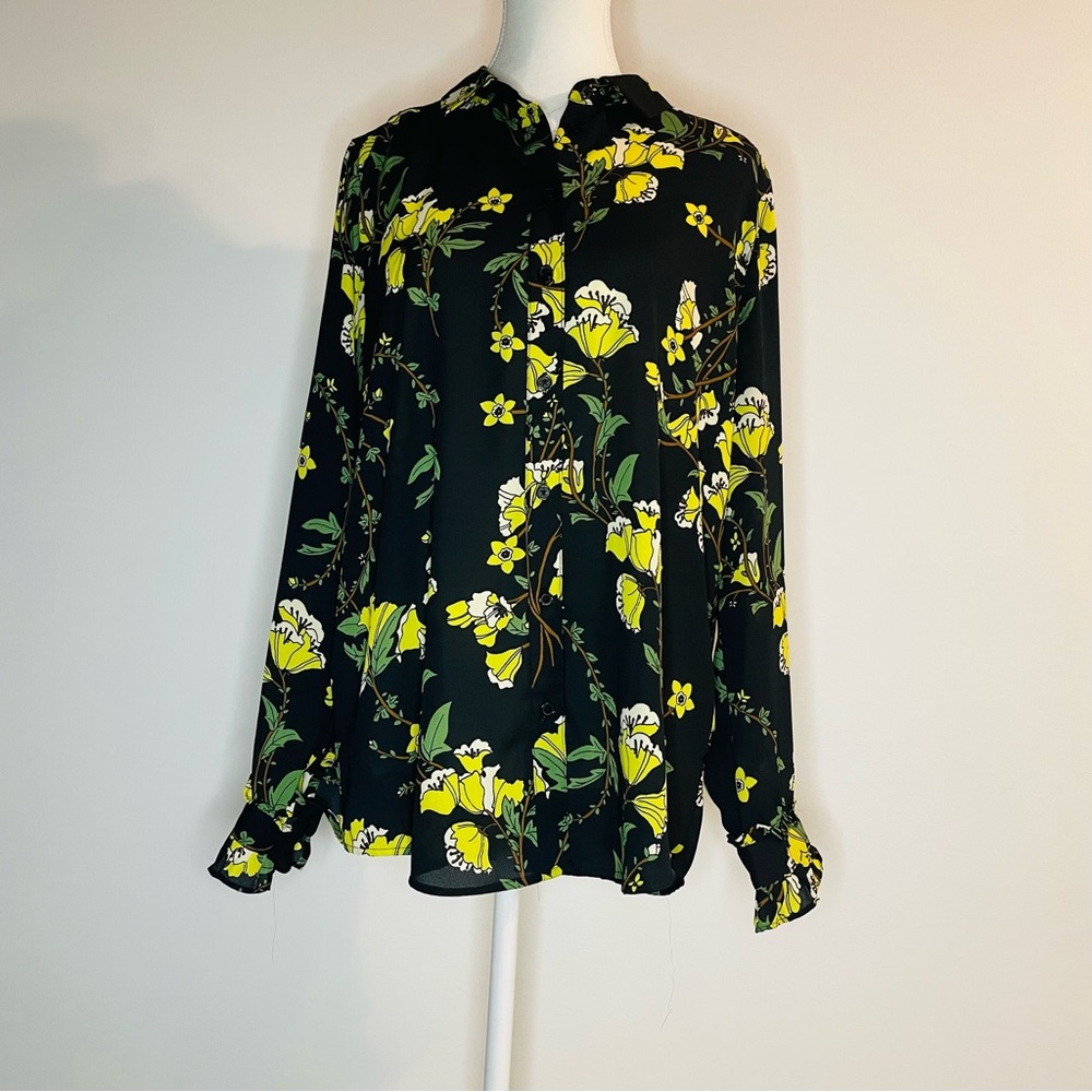 Floral Button Up Shirt Black Yellow Who What Wear Women’s Size Medium 2/$20